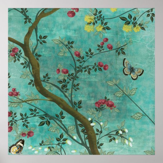 Beautiful vintage antique blossom tree butterflies poster (Voorkant)