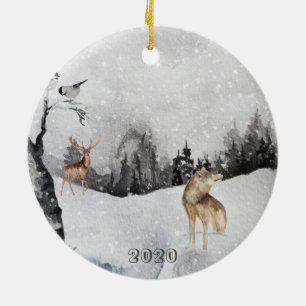 Beautiful Watercolor Wolf Snow Deer Landscape Keramisch Ornament