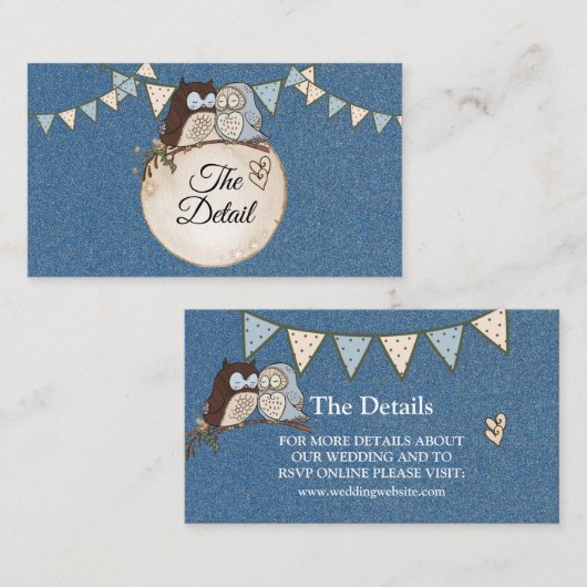 Beautiful Wedding Blue Brown Owl Glitter Detail Informatiekaartje (Voorkant / Achterkant)