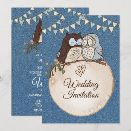 Beautiful Wedding Blue Brown Owl Glitter Kaart
