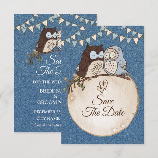 Beautiful Wedding Blue Brown Owl Glitter Save The Date (Voorkant / Achterkant)
