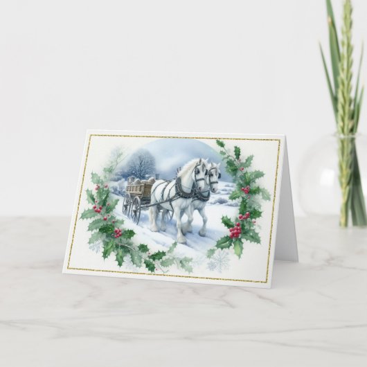 Beautiful White Draft Horses Pulling Wagon Feestdagen Kaart (Voorkant)