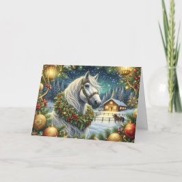 Beautiful White Horse and Christmas Wreath Feestdagen Kaart