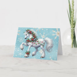 Beautiful White Horse and Holly Christmas Feestdagen Kaart