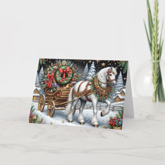 Beautiful White Horse Pulling Sleigh Feestdagen Kaart (Voorkant)