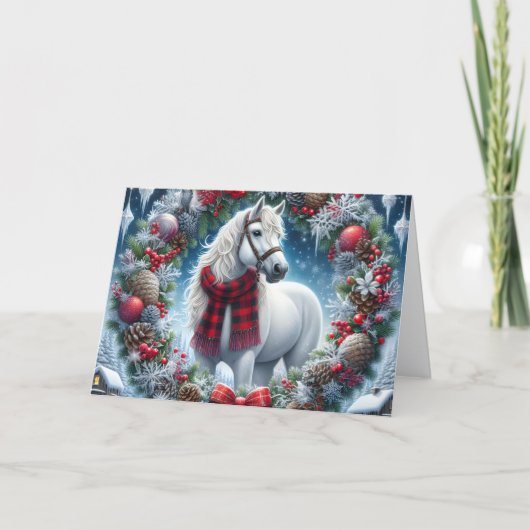 Beautiful White Horse Wearing Plaid Scarf Feestdagen Kaart (Voorkant)