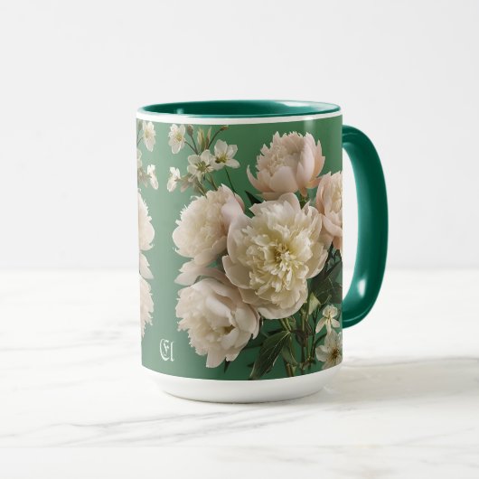 Beautiful White & Pink Peonies Name Monogram Mok (Voorkant rechts)