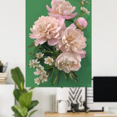 Beautiful White & Pink Peonies On Green Background Poster (Thuiskantoor)
