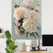 Beautiful White & Pink Peonies On Green Background Poster (Thuiskantoor)