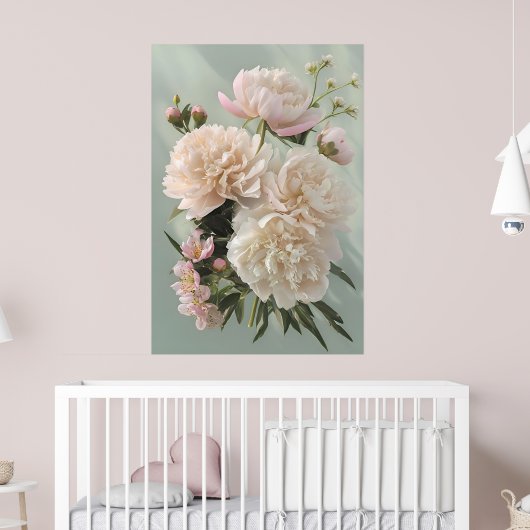 Beautiful White & Pink Peonies On Green Background Poster (Kinderkamer 2)