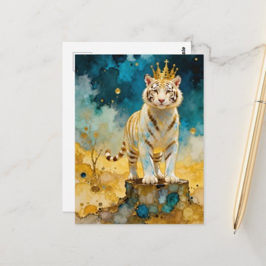Beautiful White Tiger in a Gold Crown Briefkaart (Voorkant / Achterkant in situ)