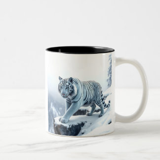 Beautiful White Tiger On Snow Covered Cliffs Tweekleurige Koffiemok