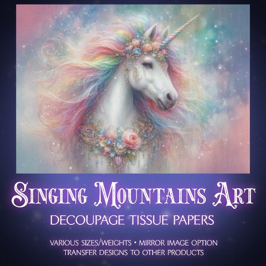 Beautiful White Unicorn Rainbow Mane Decoupage  Tissuepapier