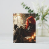 beautiful witch and cat enjoying tea and a book briefkaart (Staand voorkant)