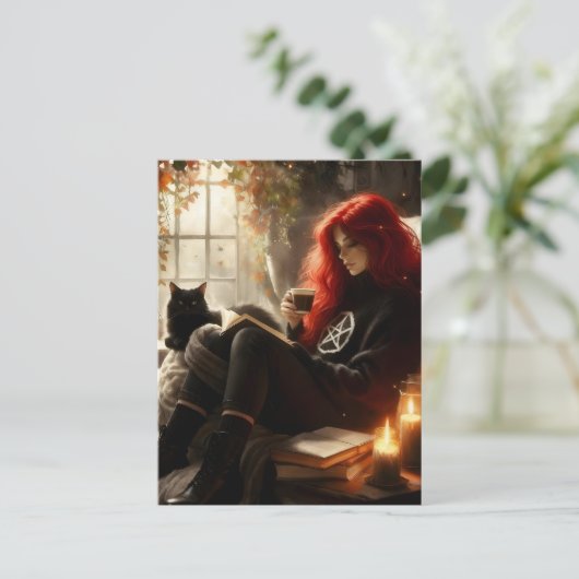 beautiful witch and cat enjoying tea and a book briefkaart (Staand voorkant)