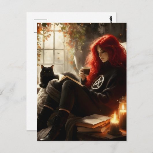 beautiful witch and cat enjoying tea and a book briefkaart (Voorkant / Achterkant)