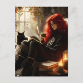 beautiful witch and cat enjoying tea and a book briefkaart (Voorkant)