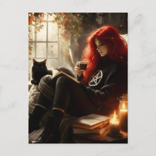 beautiful witch and cat enjoying tea and a book briefkaart (Voorkant)