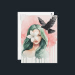 Beautiful Woman and Black Bird Briefkaart<br><div class="desc">A beautiful woman with a flower over her face and a black bird watercolor fantasy AI generated art</div>