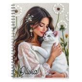 Beautiful Woman, Cat and Dandelions Personalized Notitieboek (Voorkant)