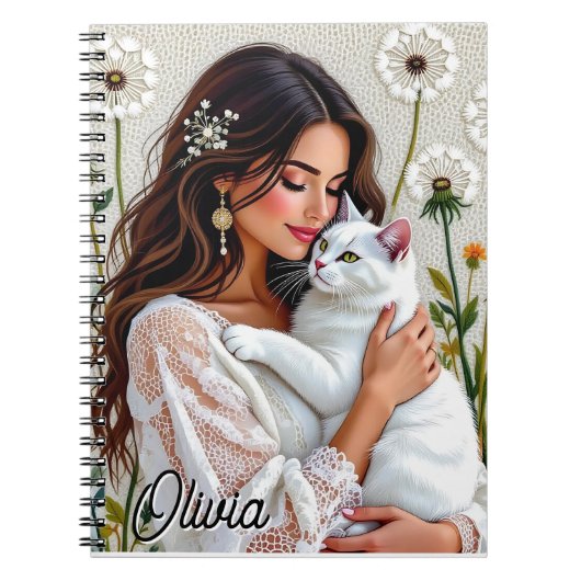 Beautiful Woman, Cat and Dandelions Personalized Notitieboek (Voorkant)
