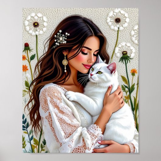 Beautiful Woman, Cat and Dandelions Poster (Voorkant)