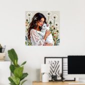 Beautiful Woman, Cat and Dandelions Poster (Thuiskantoor)