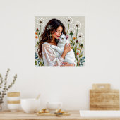 Beautiful Woman, Cat and Dandelions Poster (Keuken)