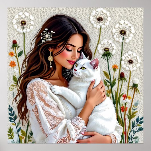 Beautiful Woman, Cat and Dandelions Poster (Voorkant)