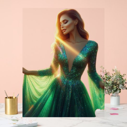 Beautiful Woman in a Green Dress on a 18x24  Acryl Bord (Huwelijk)