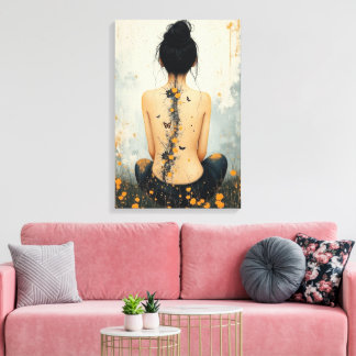 Beautiful Woman, Ink, Wildflowers and Butterflies Canvas Afdruk