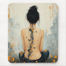 Beautiful Woman, Ink, Wildflowers and Butterflies