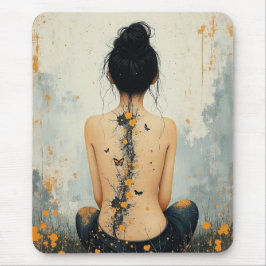 Beautiful Woman, Ink, Wildflowers and Butterflies Muismat