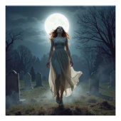 Beautiful Woman Walking In a Moonlit Cemetery Foto Afdruk (Voorkant)