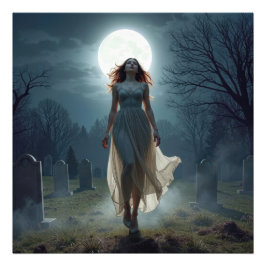 Beautiful Woman Walking In a Moonlit Cemetery Foto Afdruk