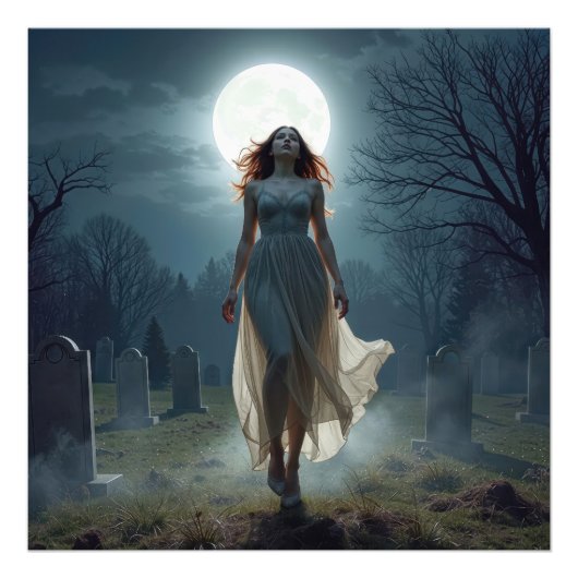 Beautiful Woman Walking In a Moonlit Cemetery Foto Afdruk (Voorkant)