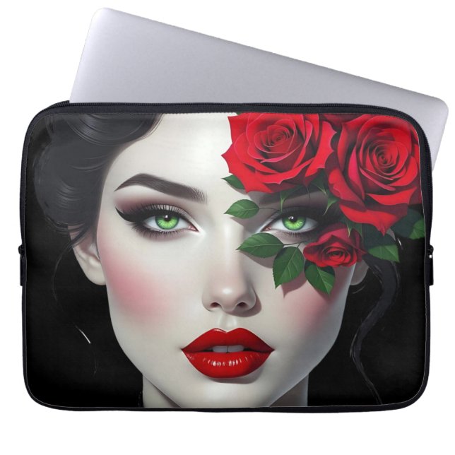 Beautiful Woman with Red Rose Laptop Sleeve (Voorkant)