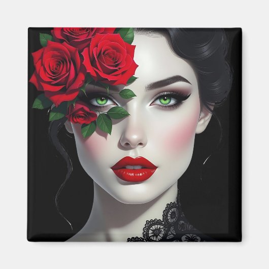 Beautiful Woman with Red Rose Magneet (Voorkant)