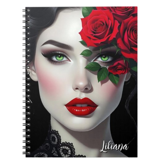 Beautiful Woman with Red Rose Personalized Notitieboek (Voorkant)