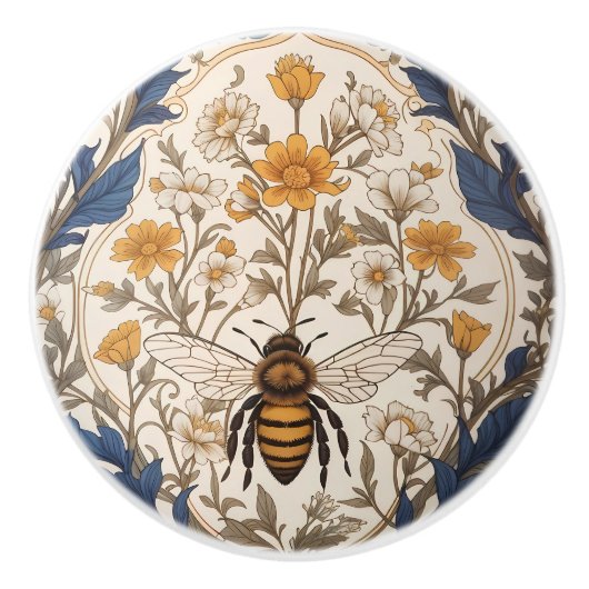 Beautiful Yellow and Blue Floral Vintage Bee Keramische Knop (Voorkant)