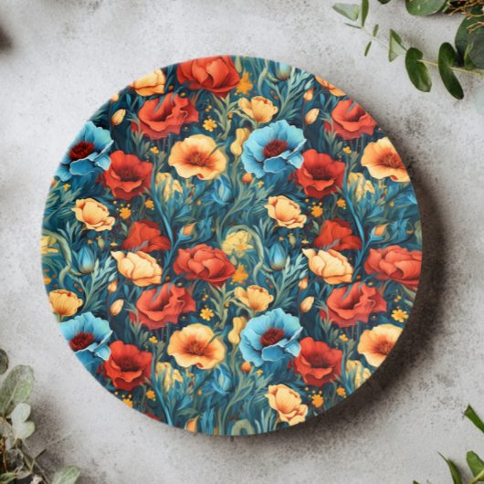 Beautiful Yellow Blue and Red Flowers Pattern Papieren Bordje