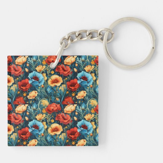 Beautiful Yellow Blue and Red Flowers Two-sided Sleutelhanger (Achterkant)