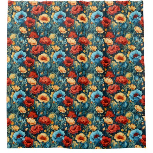 Beautiful Yellow Red Blue Flowers Botanical Print Douchegordijn (Voorkant)