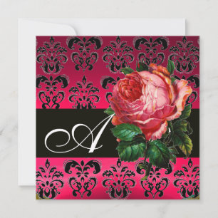 BEAUTIUL PINK ROSE FUCHSIA BLACK DAMASK MONOGRAM KAART