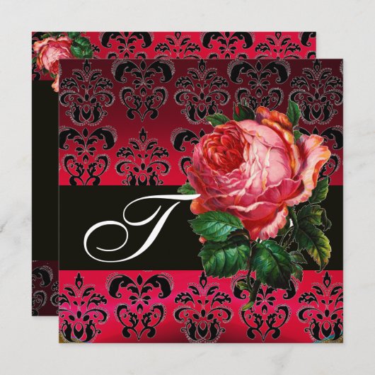 BEAUTIUL PINK ROSE FUCHSIA BLACK DAMASK MONOGRAM KAART (Voorkant / Achterkant)
