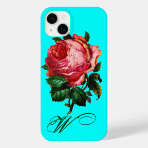 BEAUTIUL PINK ROSE MONOGRAM, Blauwgroen Aqua Blue Case-Mate iPhone Case