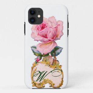 BEAUTIUL PINK ROSE MONOGRAM, Blauwgroen Aqua Blue iPhone 11 Hoesje