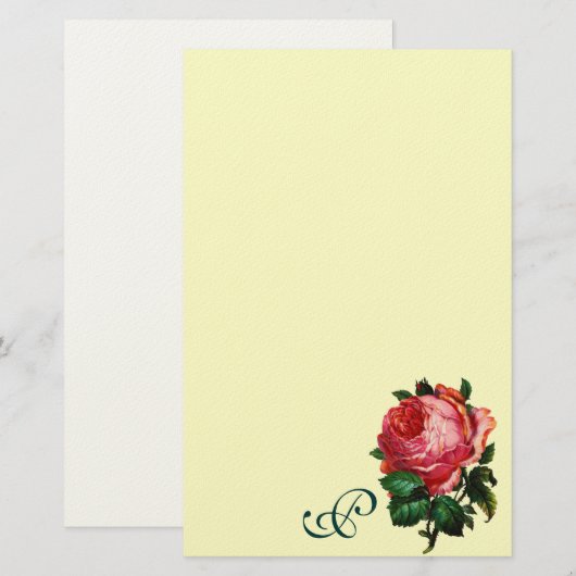 BEAUTIUL PINK ROSE MONOGRAM, crème Briefpapier (Voorkant / Achterkant)