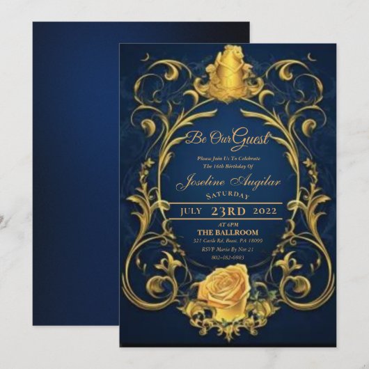 Beauty and the Beast Gold Roos Sweet 16 Kaart (Voorkant / Achterkant)