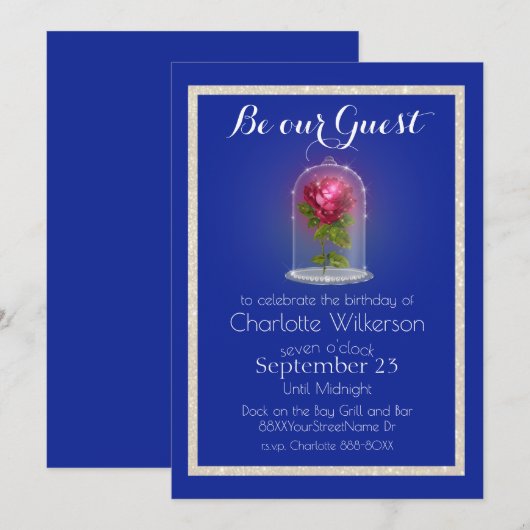 Beauty and the Beast Magic Roos op Blue Invitatio Kaart (Voorkant / Achterkant)